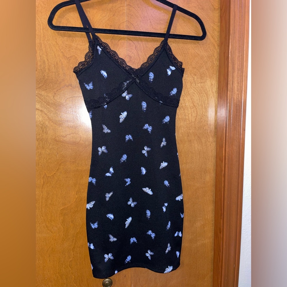 Brand:H&M, Size:xxs-m, Color:Black Mini Dress Lace Trim With Blue Butterflies